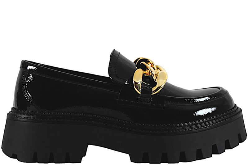 nabo Revisor Eve Køb BLACK LOAFERS I SORT PU MED LAK LOOK Her - Salg af Loafers til kvinder