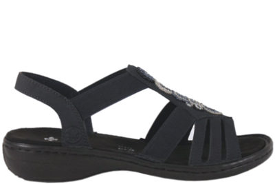 salg af RIEKER MØRKEBLÅ SANDAL I KUNSTSKIND MED PERLER