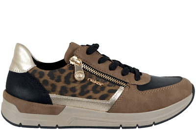 salg af RIEKER SKO I BRUNT RUSKIND MED LEOPARDPRINT