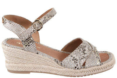 salg af TAMARIS SANDAL PÅ KILEHÆL I TEKSTIL MED SLANGE LOOK